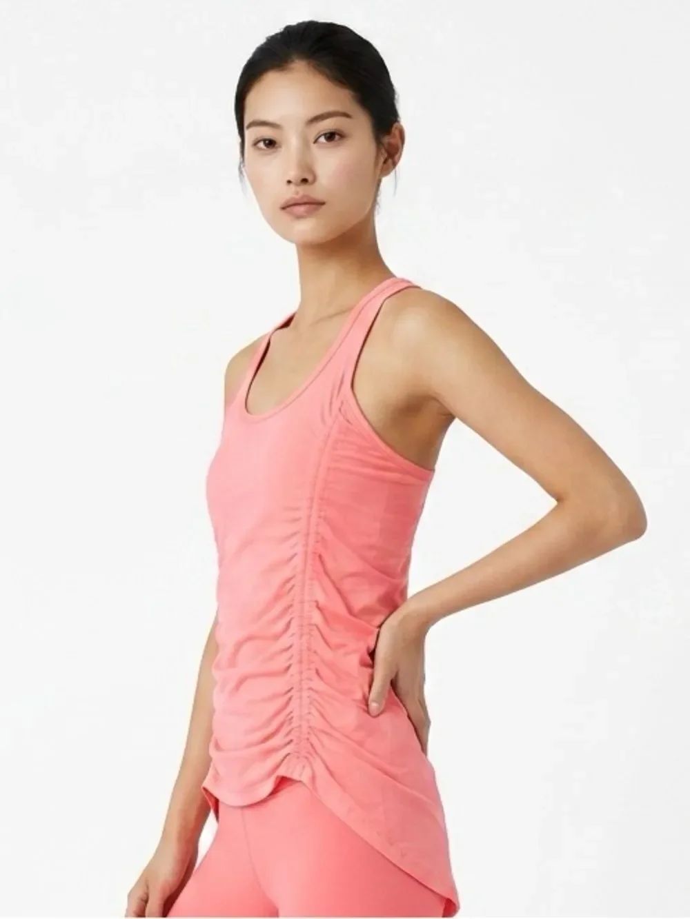 BEYOND YOGA | Semi Sheer Racerback Neon Orange Ruched Tank Top Women’s Size S